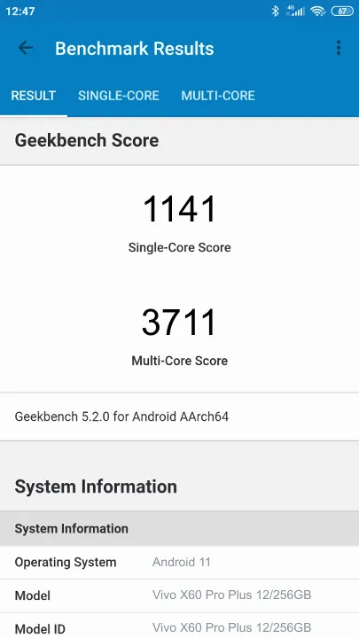 Vivo X60 Pro+ 12/256GB的Geekbench Benchmark测试得分