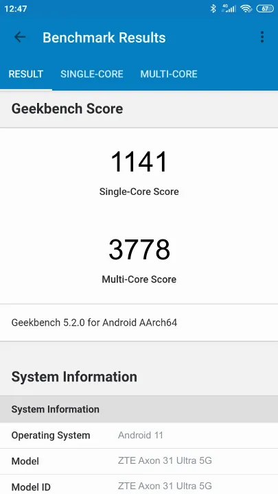 Punteggi ZTE Axon 31 Ultra 5G Geekbench Benchmark