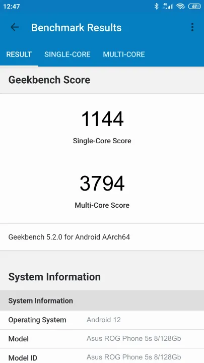 Punteggi Asus ROG Phone 5s 8/128Gb Geekbench Benchmark