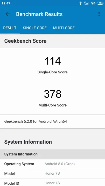 Honor 7S的Geekbench Benchmark测试得分