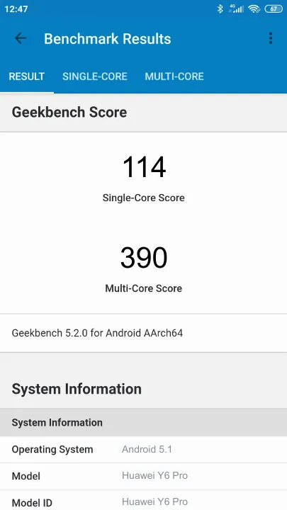 Huawei Y6 Pro的Geekbench Benchmark测试得分