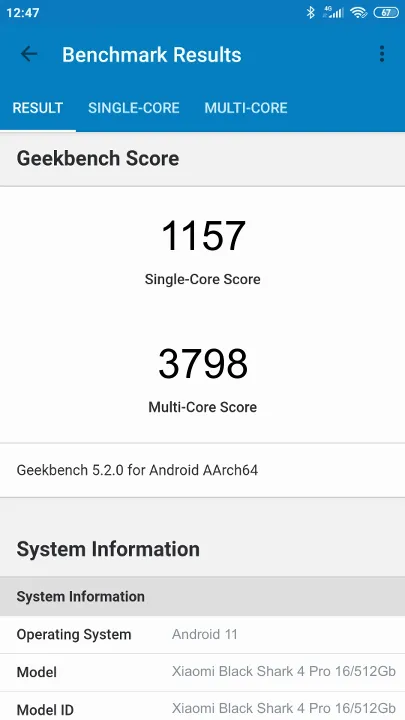 نتائج اختبار Xiaomi Black Shark 4 Pro 16/512Gb Geekbench المعيارية