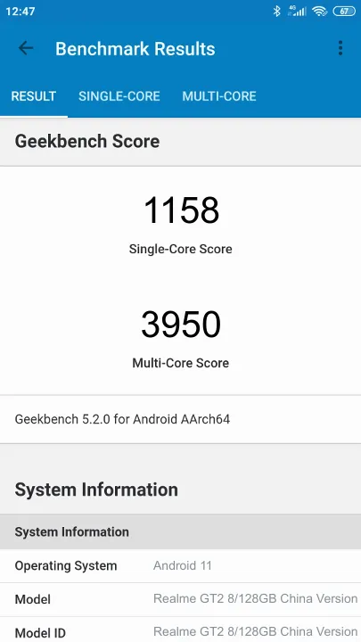 Realme GT2 8/128GB China Version Geekbench benchmark: classement et résultats scores de tests