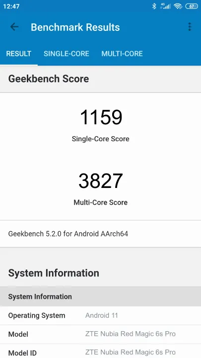 نتائج اختبار ZTE Nubia Red Magic 6s Pro Geekbench المعيارية