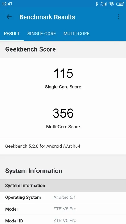 ZTE V5 Pro Geekbench benchmark score results
