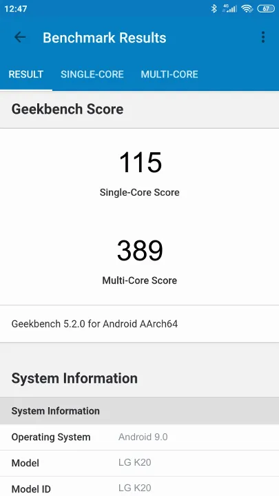 Βαθμολογία LG K20 Geekbench Benchmark