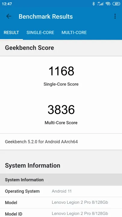 Lenovo Legion 2 Pro 8/128Gb תוצאות ציון מידוד Geekbench