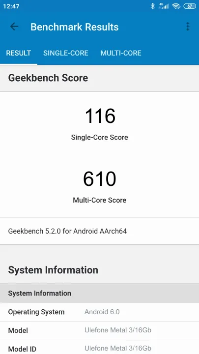 Pontuações do Ulefone Metal 3/16Gb Geekbench Benchmark