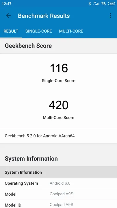 Coolpad A9S的Geekbench Benchmark测试得分