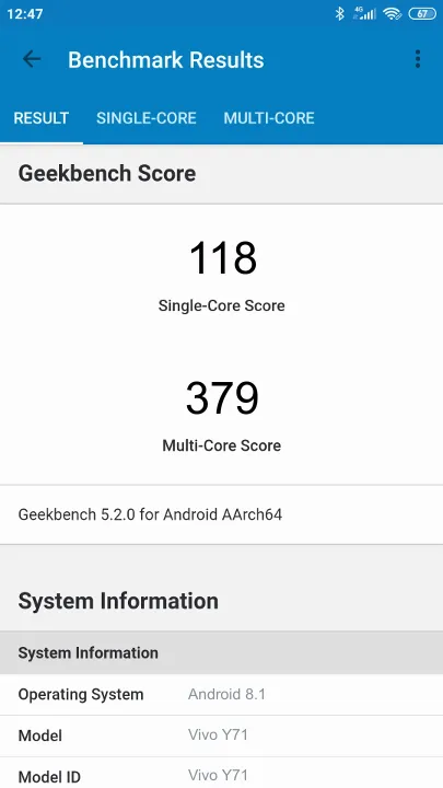 Vivo Y71 Geekbench Benchmark testi