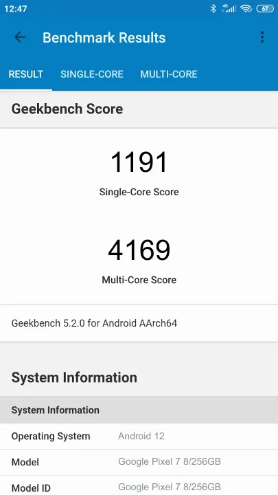 Pontuações do Google Pixel 7 8/256GB Geekbench Benchmark