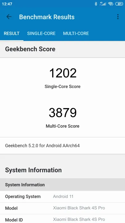 Pontuações do Xiaomi Black Shark 4S Pro Geekbench Benchmark