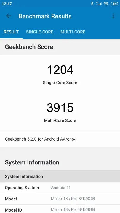 Wyniki testu Meizu 18s Pro 8/128GB Geekbench Benchmark