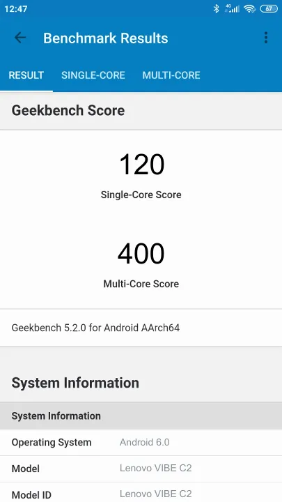 Lenovo VIBE C2 Geekbench benchmark: classement et résultats scores de tests