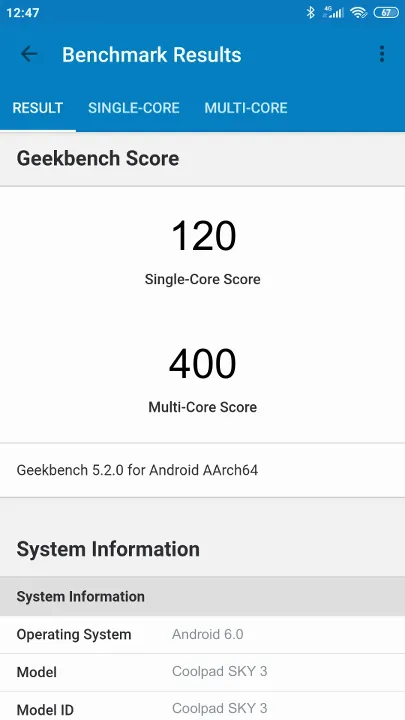 Coolpad SKY 3 Geekbench benchmarkresultat-poäng