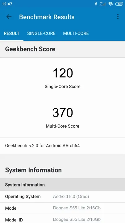 Doogee S55 Lite 2/16Gb תוצאות ציון מידוד Geekbench