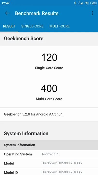 Blackview BV5000 2/16Gb Geekbench benchmark: classement et résultats scores de tests