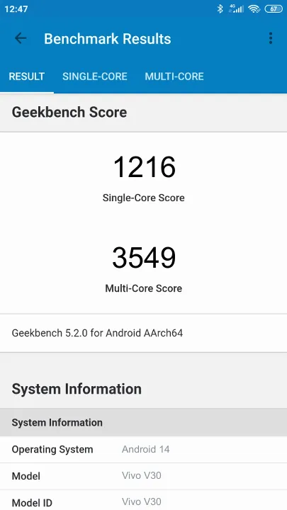 Wyniki testu Vivo V30 Geekbench Benchmark