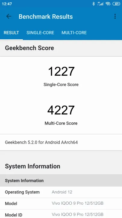 Pontuações do Vivo IQOO 9 Pro 12/512GB Geekbench Benchmark