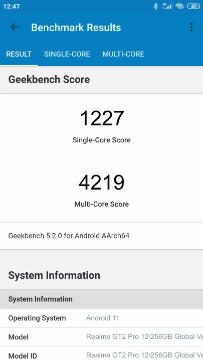 نتائج اختبار Realme GT2 Pro 12/256GB Global Version Geekbench المعيارية