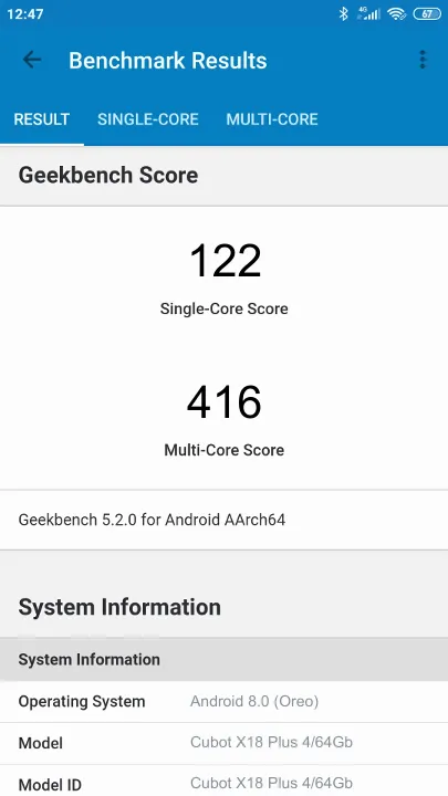 Pontuações do Cubot X18 Plus 4/64Gb Geekbench Benchmark