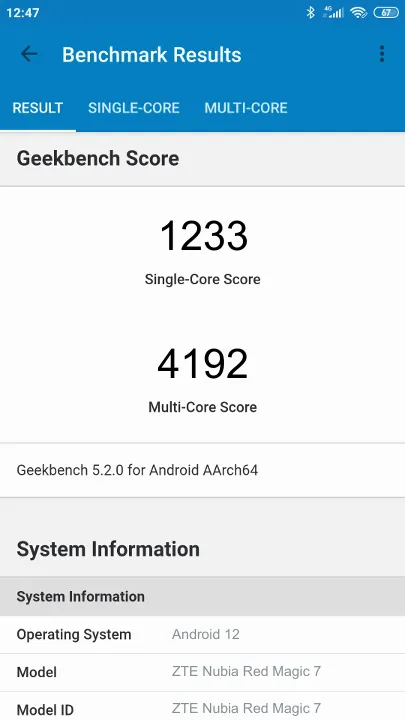Pontuações do ZTE Nubia Red Magic 7 8/128GB Global ROM Geekbench Benchmark