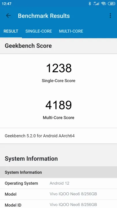 Βαθμολογία Vivo IQOO Neo6 8/256GB Geekbench Benchmark