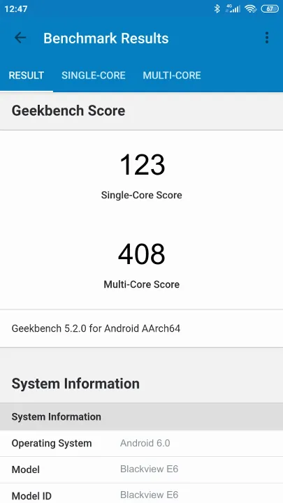 Pontuações do Blackview E6 Geekbench Benchmark