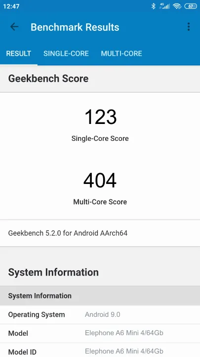 Elephone A6 Mini 4/64Gb Geekbench benchmark: classement et résultats scores de tests