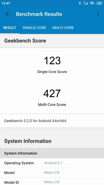 Pontuações do Meizu C9 Geekbench Benchmark