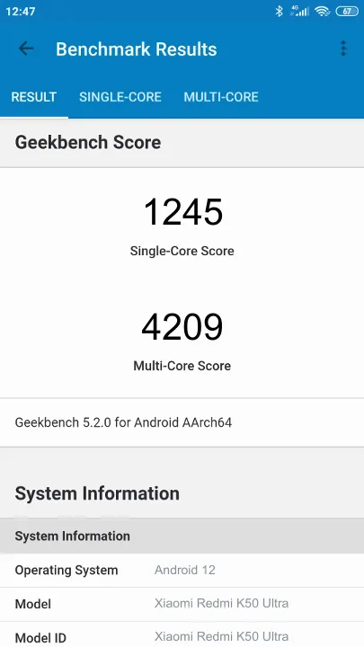 Punteggi Xiaomi Redmi K50 Ultra 8/128GB Geekbench Benchmark