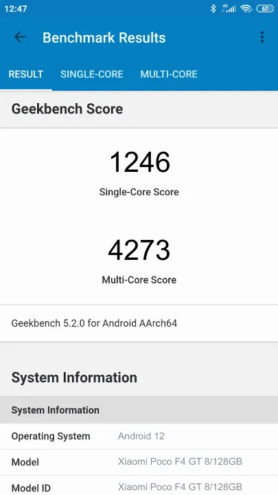 نتائج اختبار Xiaomi Poco F4 GT 8/128GB Geekbench المعيارية