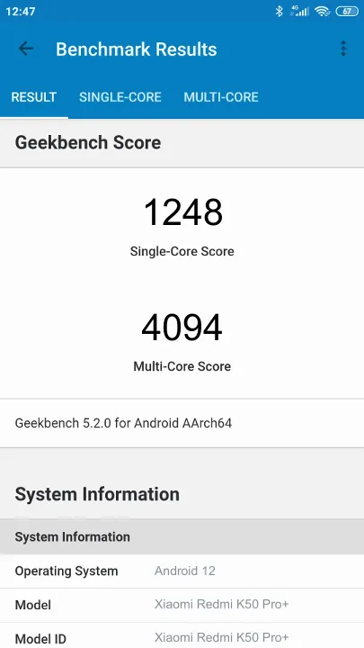 Xiaomi Redmi K50 Pro+ Geekbench Benchmark-Ergebnisse