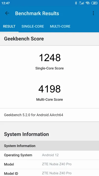 ZTE Nubia Z40 Pro的Geekbench Benchmark测试得分