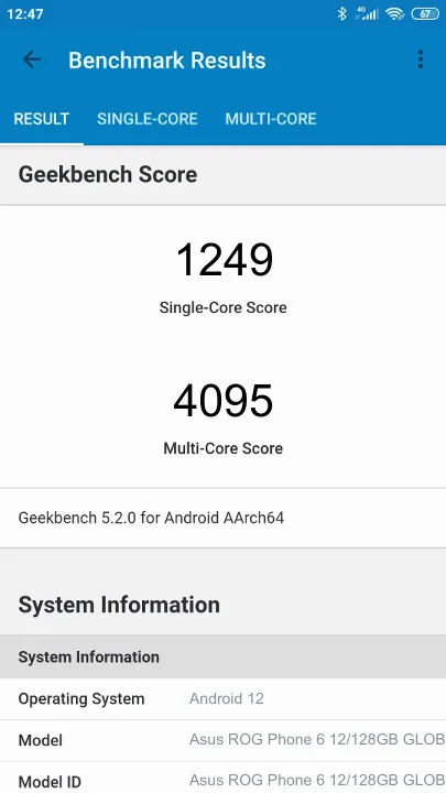Asus ROG Phone 6 12/128GB GLOBAL ROM Geekbench benchmark: classement et résultats scores de tests