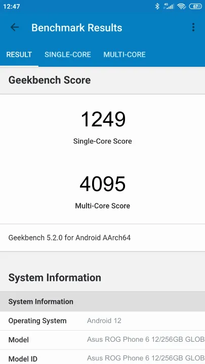 Punteggi Asus ROG Phone 6 12/256GB GLOBAL ROM Geekbench Benchmark