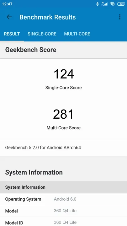 نتائج اختبار 360 Q4 Lite Geekbench المعيارية