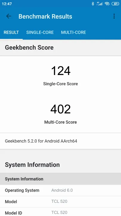 Wyniki testu TCL 520 Geekbench Benchmark