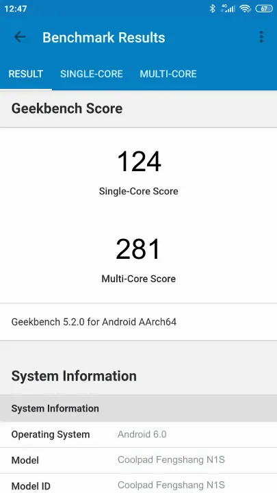 Coolpad Fengshang N1S Geekbench benchmark score results
