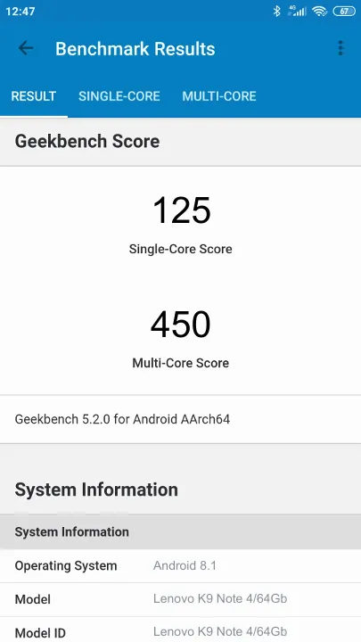 Pontuações do Lenovo K9 Note 4/64Gb Geekbench Benchmark