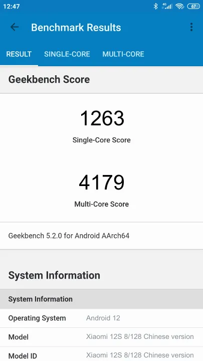 Xiaomi 12S 8/128 Chinese version Geekbench Benchmark-Ergebnisse