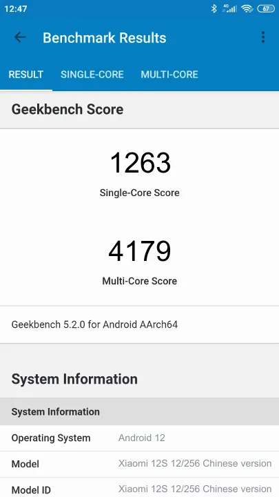 Xiaomi 12S 12/256 Chinese version Geekbench benchmark: classement et résultats scores de tests