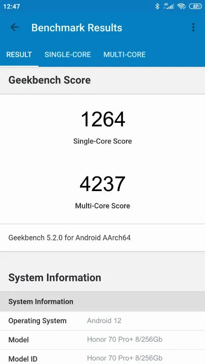 Honor 70 Pro+ 8/256Gb Global Version Geekbench benchmark: classement et résultats scores de tests