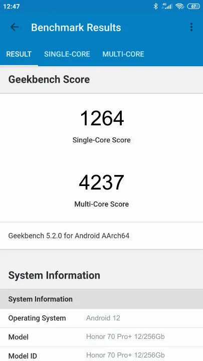 Βαθμολογία Honor 70 Pro+ 12/256Gb Global Version Geekbench Benchmark