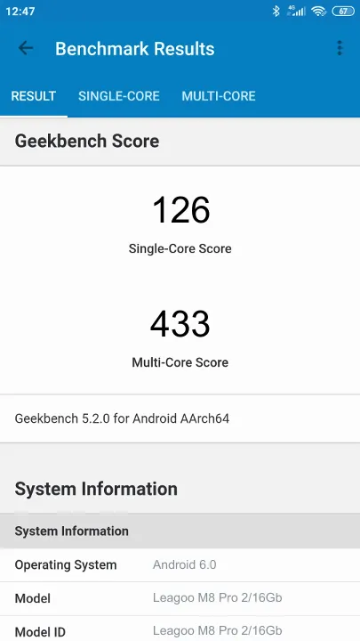 Wyniki testu Leagoo M8 Pro 2/16Gb Geekbench Benchmark