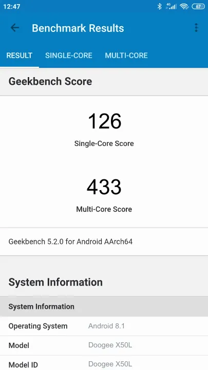 Doogee X50L的Geekbench Benchmark测试得分