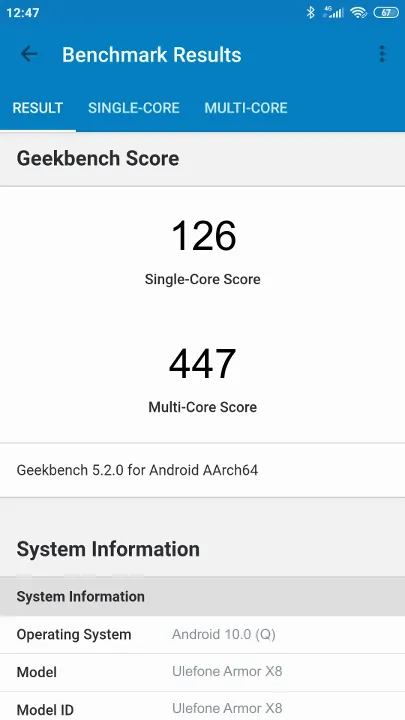Ulefone Armor X8 Geekbench benchmark: classement et résultats scores de tests