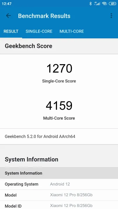 Wyniki testu Xiaomi 12 Pro 8/256Gb Geekbench Benchmark