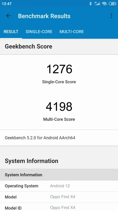 Punteggi Oppo Find X4 Geekbench Benchmark