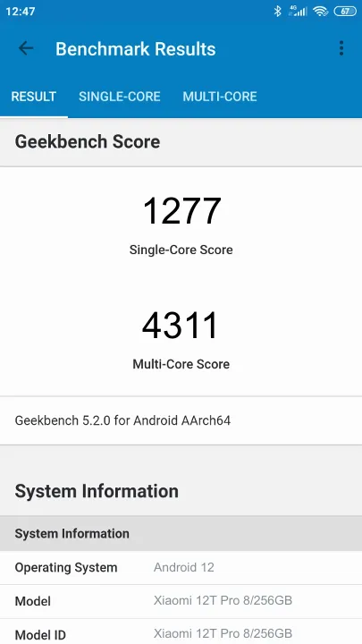 Xiaomi 12T Pro 8/256GB Geekbench benchmark ranking